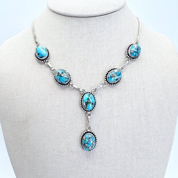 VTG Sterling Silver 925 Turquoise Bezel Set Station Necklace Size 18" Length - Picture 1 of 13